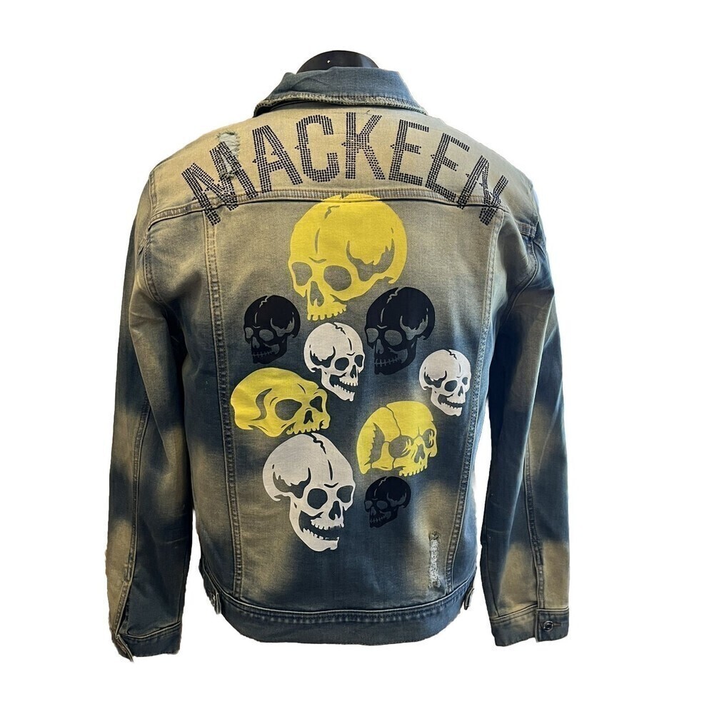 Mackeen Distressed Skull Biker Dark Jacket Mens Sz Large Embellished